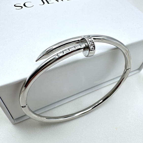 Nail Zirconia Bracelet Silver Love Bangle Cuff Stainless Steel Non-Tarnish - Picture 4 of 13